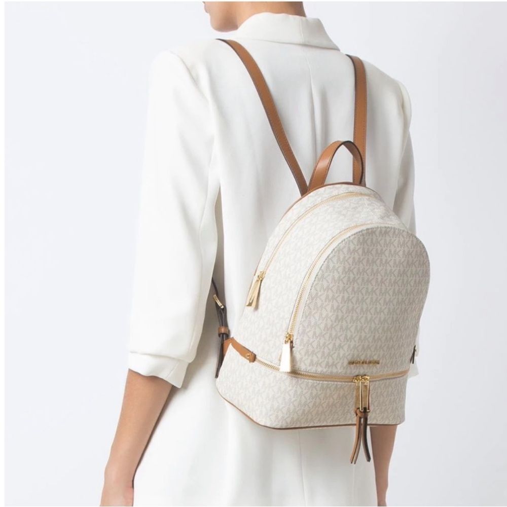NEW WITH TAGS Michael Kors Rhea Zip Medium Backpack | Vanilla Signature MK - Picture 2 of 5